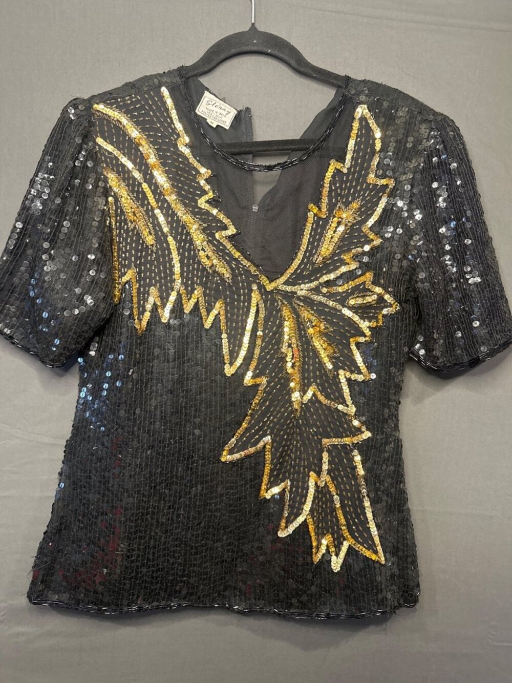 Stenay Womens S Vintage Silk Sequin Beaded Top Black Gold 80s Party Glam